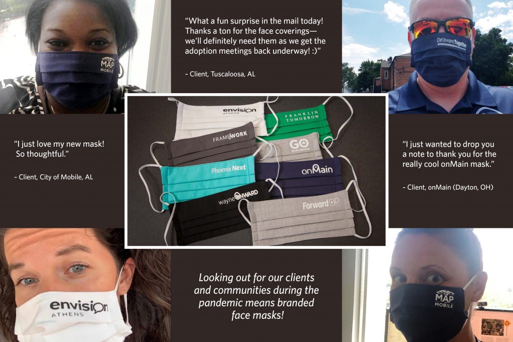 Clients wearing branded face masks